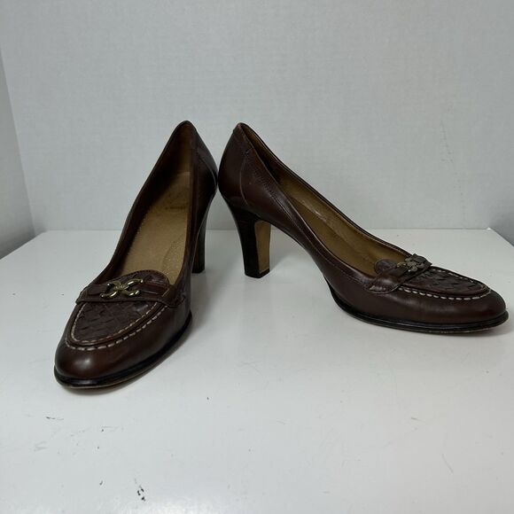 Circa Joan & David Brown Leather Woven Vamp Loafer Style Pumps Size 10M - Picture 3 of 13